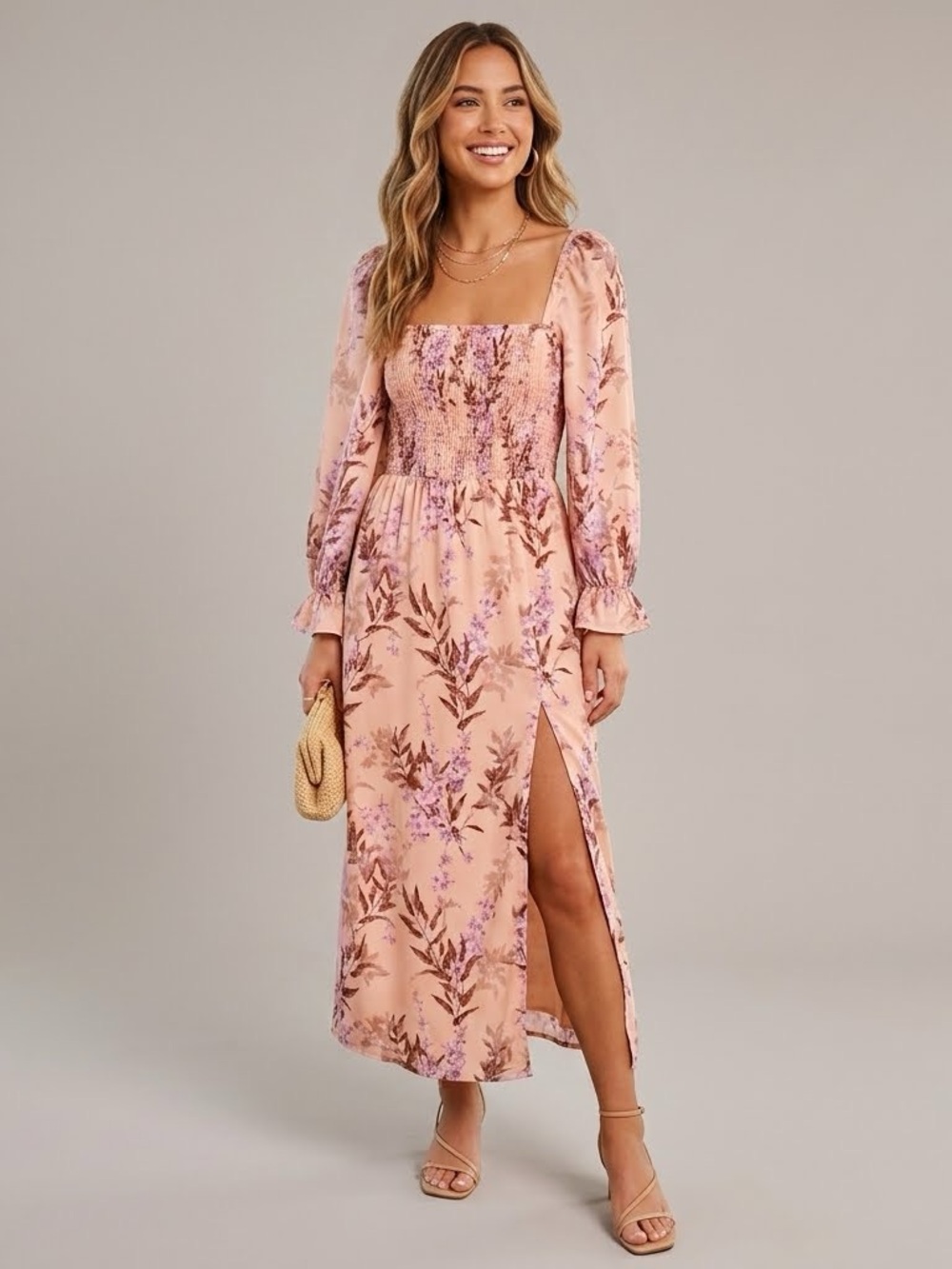House of Harlow 1960 Smocked Linen Blend Floral Midi Dress Pink Size XS EUC